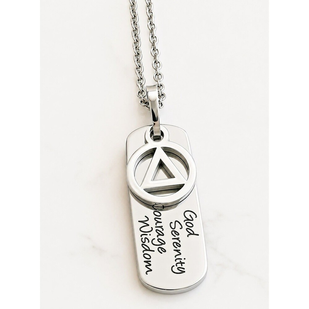AA Recovery Serenity Prayer Necklace Stainless Steel Sobriety Pendant  19-21"
